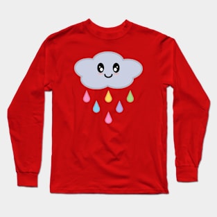 Kawaii Cute Rainbow Raindrop Rain Cloud in Pink Long Sleeve T-Shirt